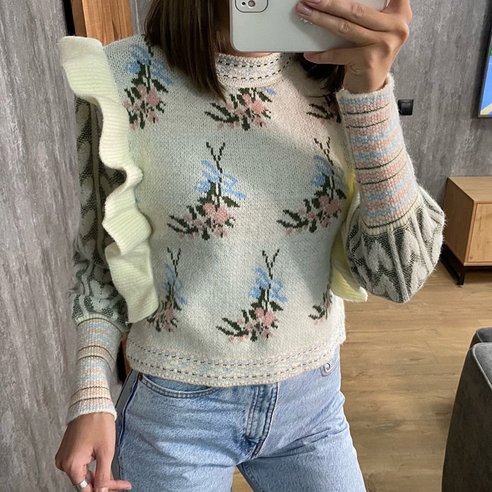 Cider Floral Ruffle Sweater - Cream and Pink - Picture 6 of 7